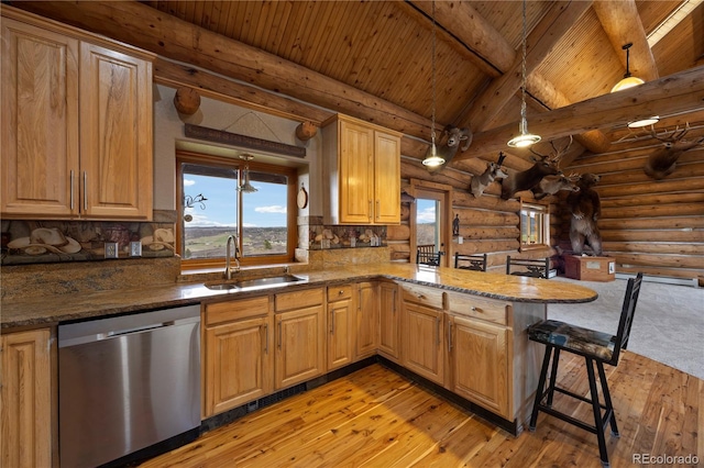 kitchen featuring wood ceiling, light wood-style flooring, a sink, log walls, and dishwasher