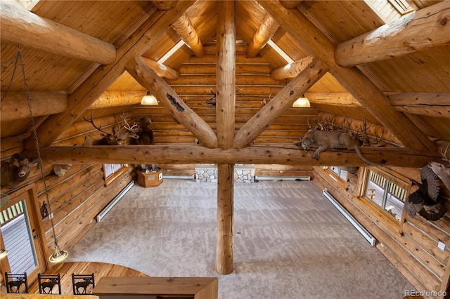 interior space featuring carpet floors, log walls, and wood ceiling