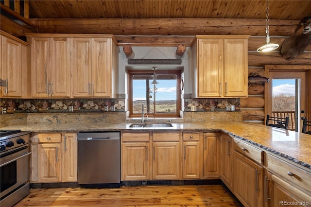 kitchen with wooden ceiling, light wood finished floors, rustic walls, a sink, and appliances with stainless steel finishes
