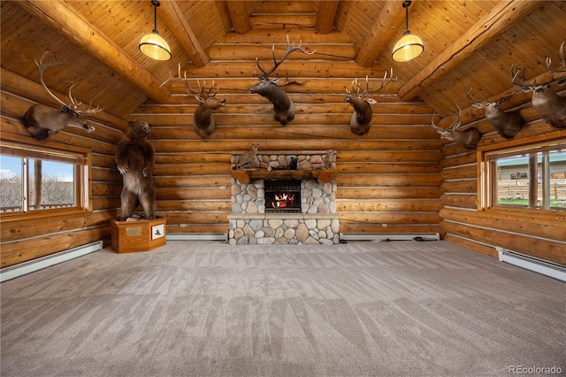 unfurnished living room with carpet flooring, wooden ceiling, and plenty of natural light