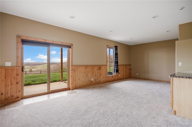 spare room featuring wooden walls, wainscoting, a healthy amount of sunlight, and light carpet