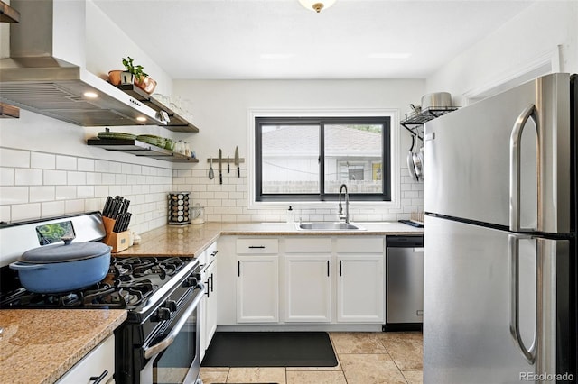 1240 Ulster St, Denver, CO 80220 - kitchen with appliances with stainless steel finishes, wall chimney exhaust hood, open shelves, decorative backsplash, and white cabinetry