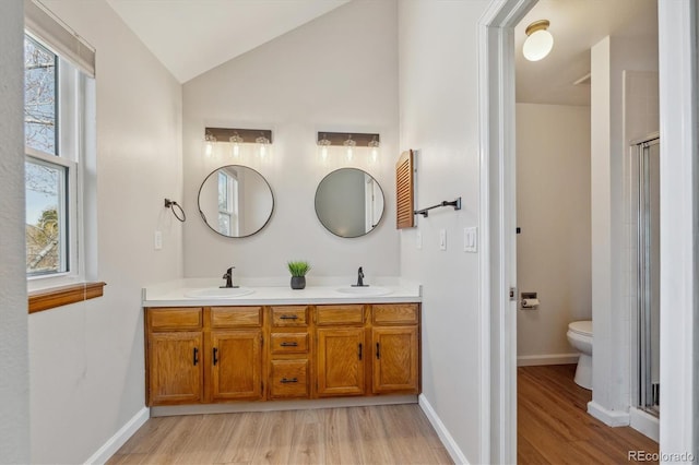 full bathroom with a sink, plenty of natural light, toilet, and vaulted ceiling