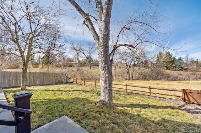 view of yard featuring a rural view and fence