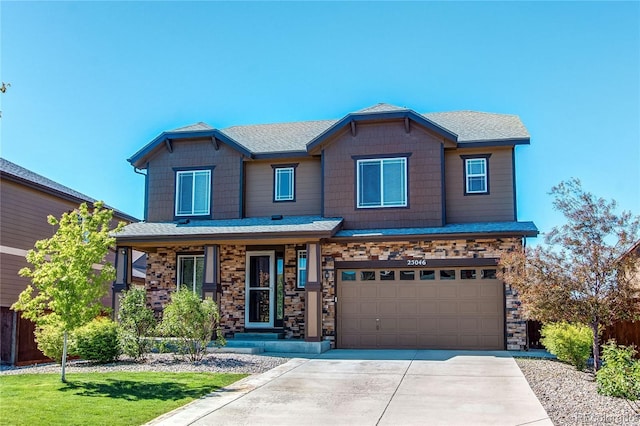 25046 E Bayaud Pl, Aurora, CO 80018 - craftsman-style home featuring concrete driveway, a garage, and a front lawn
