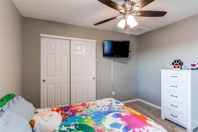 25046 E Bayaud Pl, Aurora, CO 80018 - bedroom featuring carpet floors, a closet, baseboards, and a ceiling fan