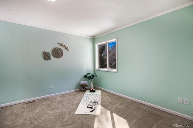 interior space with ornamental molding and carpet flooring