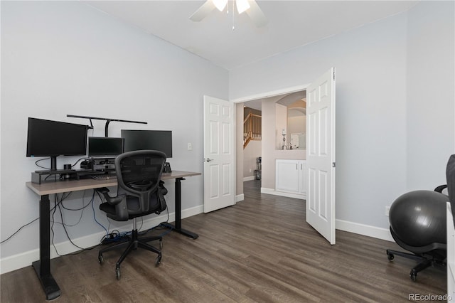 office area featuring ceiling fan and dark wood-type flooring