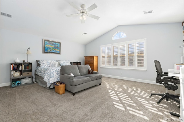 carpeted bedroom featuring ceiling fan and lofted ceiling