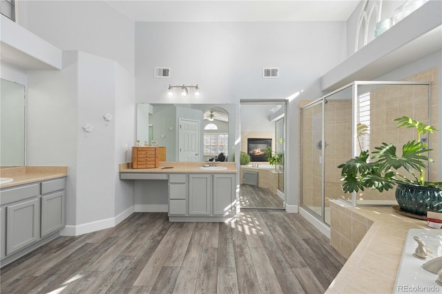 bathroom featuring plenty of natural light, vanity, wood-type flooring, and walk in shower