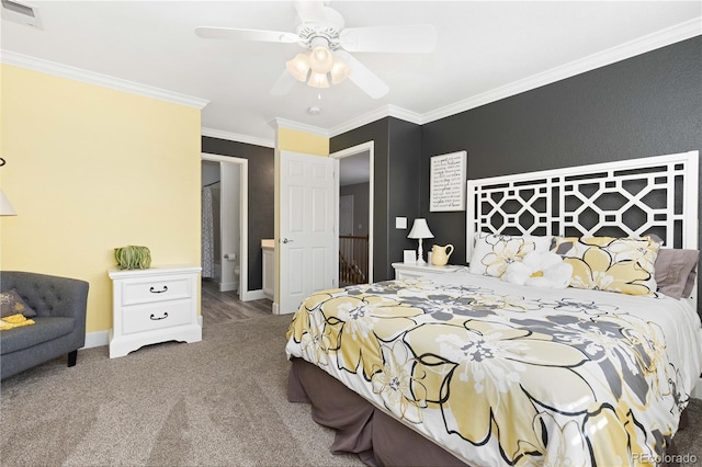 bedroom featuring carpet flooring, ceiling fan, and ornamental molding