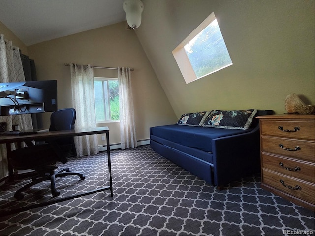 7085 Kiowa Rd, Larkspur, CO 80118 - carpeted office with a skylight, lofted ceiling, and a baseboard heating unit