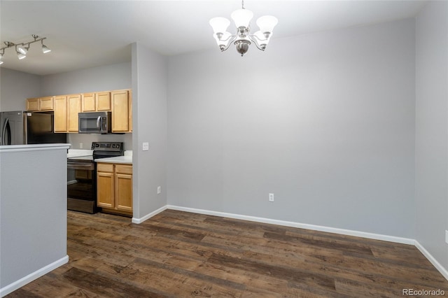 4451 S Ammons St Unit 2-204, Littleton, CO 80123 - kitchen featuring electric stove, freestanding refrigerator, a chandelier, dark wood-style floors, and light brown cabinets
