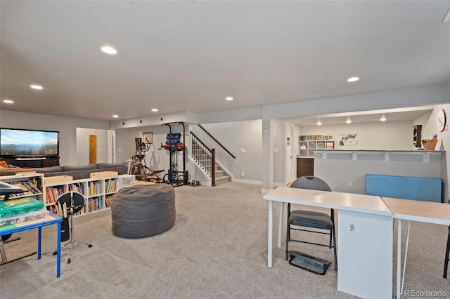 2200 Cadman St, Berthoud, CO 80513 - carpeted living area with recessed lighting and stairs