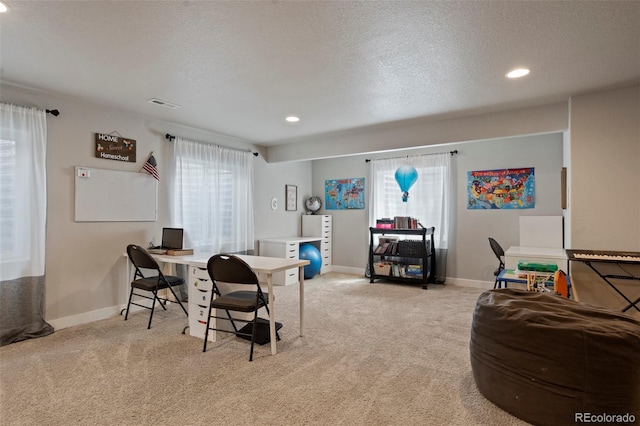 2200 Cadman St, Berthoud, CO 80513 - living room with carpet floors, a textured ceiling, baseboards, a desk, and recessed lighting
