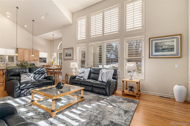 living room with a high ceiling and light wood-type flooring