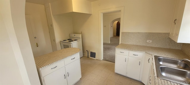 9120 Elm Ct, Denver, CO 80260 - kitchen with a sink, white electric range oven, arched walkways, and light countertops