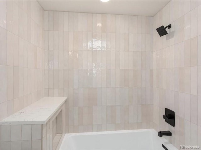 bathroom with walk in shower and a washtub