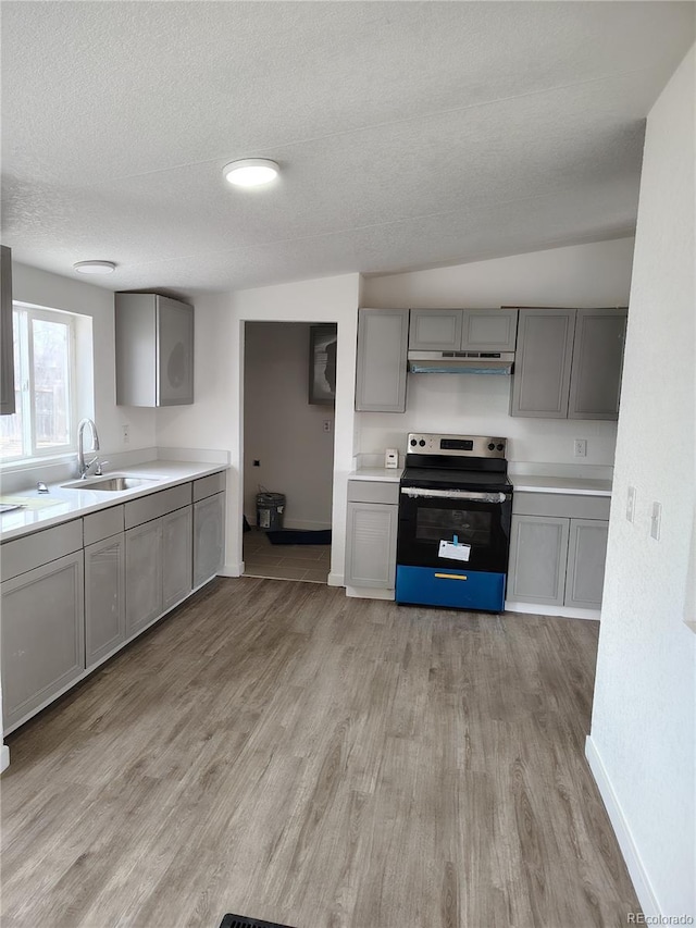7486 Harold St, Fort Lupton, CO 80621 - kitchen with range with electric stovetop, gray cabinets, a sink, light wood-style floors, and under cabinet range hood