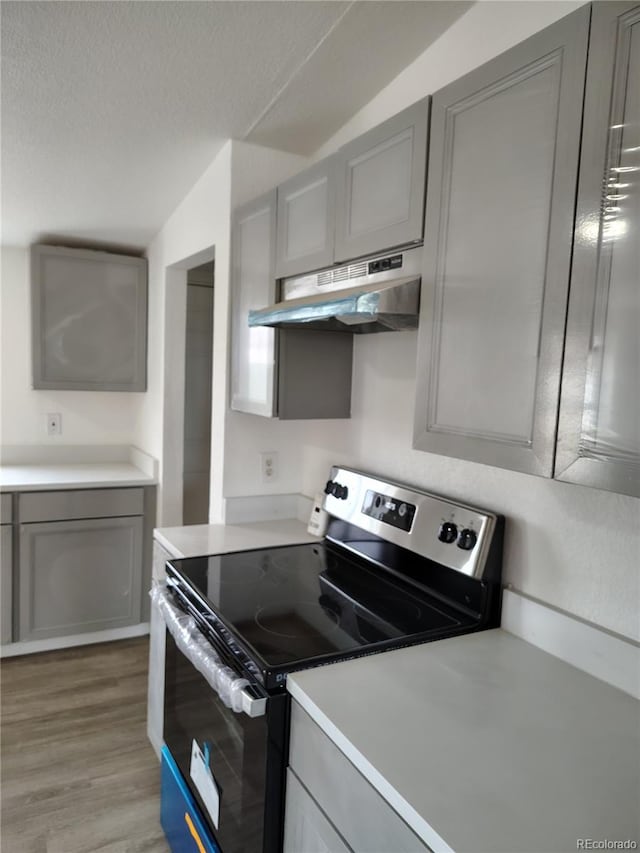 7486 Harold St, Fort Lupton, CO 80621 - kitchen featuring stainless steel electric stove, under cabinet range hood, gray cabinets, light wood-type flooring, and a textured ceiling