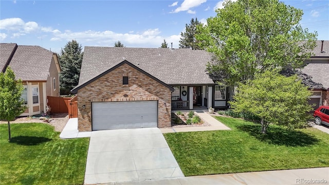 view of front of house featuring brick siding, roof with shingles, driveway, and a front yard