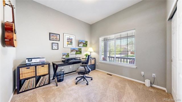 office area with carpet flooring and baseboards