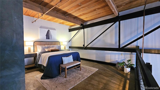 bedroom featuring beam ceiling, wooden ceiling, and hardwood / wood-style flooring