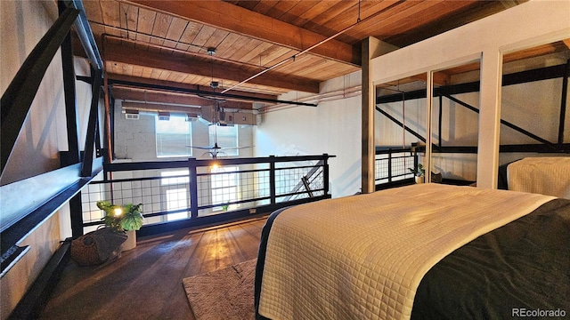 bedroom with beam ceiling, wooden ceiling, and hardwood / wood-style flooring