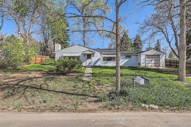 ranch-style home featuring stucco siding and fence