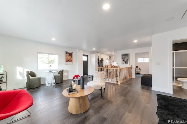 living room with dark hardwood / wood-style floors