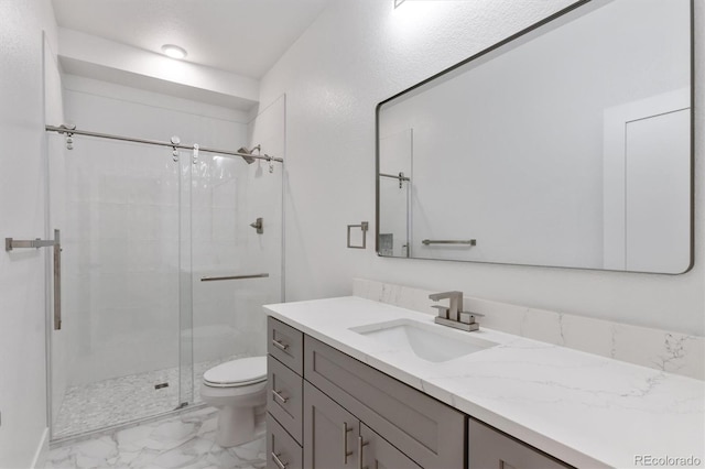 995 Pinehurst Ct, Bennett, CO 80102 - bathroom featuring marble finish floors, vanity, and a shower stall