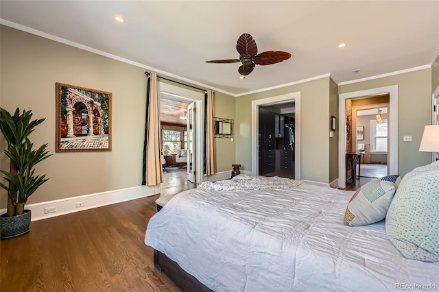 bedroom featuring crown molding, wood finished floors, baseboards, a spacious closet, and a ceiling fan