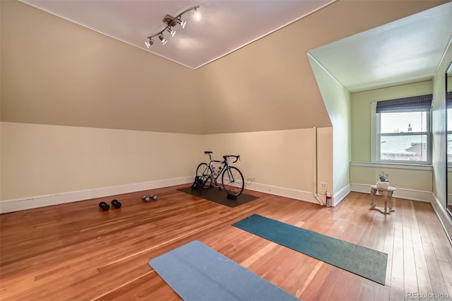 workout area with baseboards, rail lighting, and wood finished floors