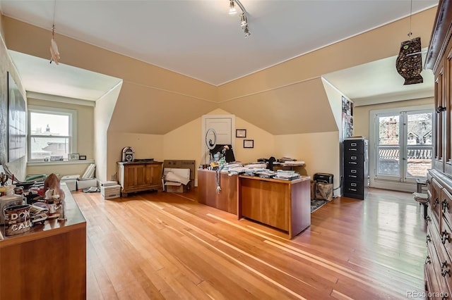 office space featuring light wood finished floors, a wealth of natural light, and vaulted ceiling
