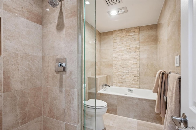 1512 Larimer St Unit 39, Denver, CO 80202 - full bathroom featuring a tile shower, toilet, tile walls, a relaxing tiled tub, and tile patterned flooring