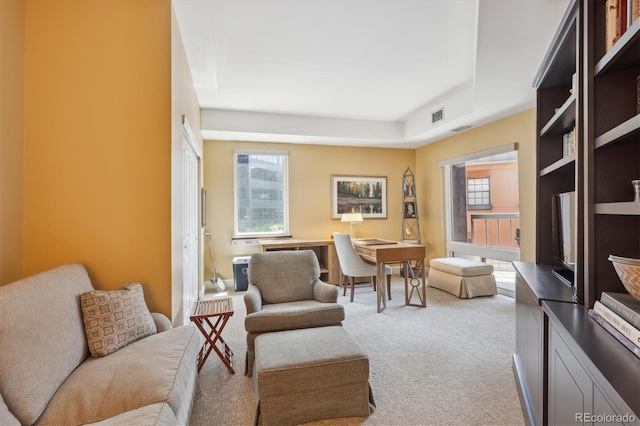 1512 Larimer St Unit 39, Denver, CO 80202 - living room featuring light carpet and a tray ceiling