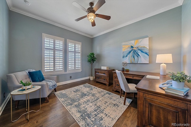 office with dark wood-style flooring, a ceiling fan, baseboards, and ornamental molding