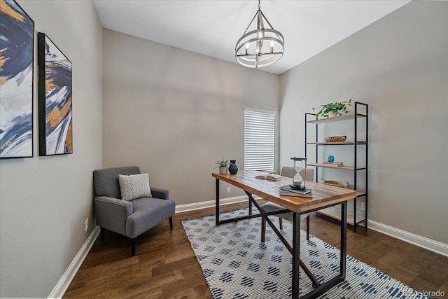 office space with a notable chandelier, baseboards, and dark wood-style flooring