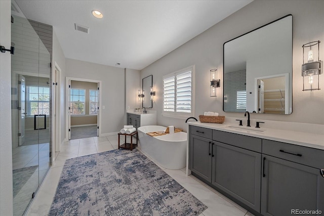 full bath featuring a sink, visible vents, a stall shower, and a freestanding tub