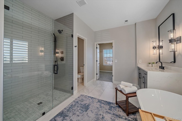 full bathroom with visible vents, baseboards, toilet, and a shower stall