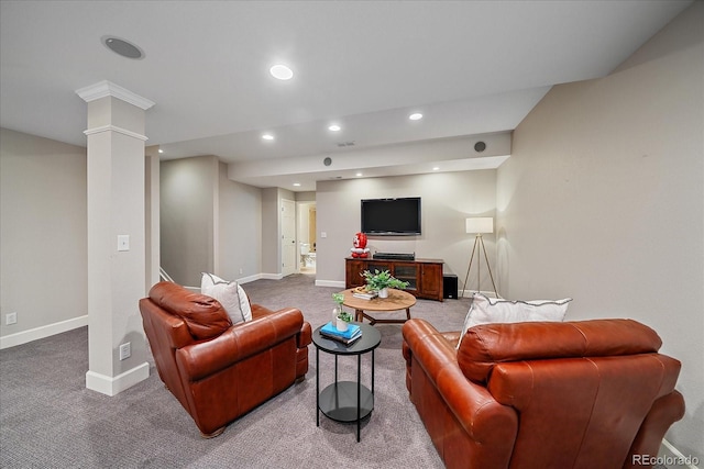 carpeted living room featuring visible vents, decorative columns, recessed lighting, and baseboards