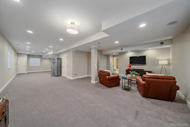 living area with recessed lighting, carpet, and baseboards