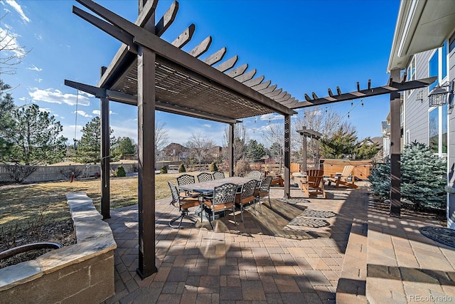 view of patio / terrace featuring outdoor dining space, a jacuzzi, a fenced backyard, and a pergola