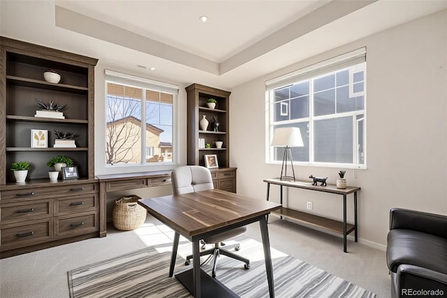 6370 Twilight Ave, Firestone, CO 80504 - home office with light carpet, baseboards, built in features, and recessed lighting