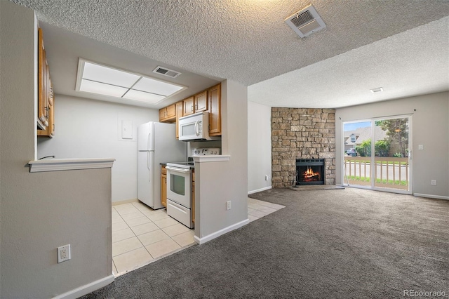 1970 S Xanadu Way Unit 101, Aurora, CO 80014 - kitchen featuring white appliances, light carpet, a textured ceiling, brown cabinets, and a fireplace