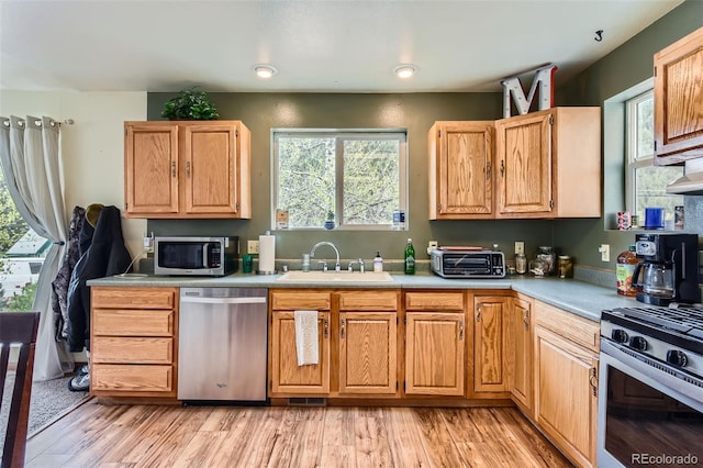 kitchen with appliances with stainless steel finishes, a sink, light countertops, and plenty of natural light
