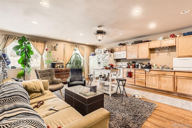 living area featuring recessed lighting and light wood-style floors