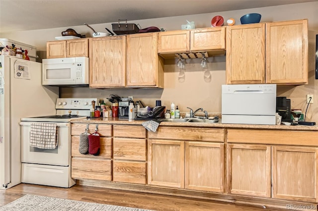 kitchen with white appliances, a sink, light brown cabinets, light wood finished floors, and light countertops