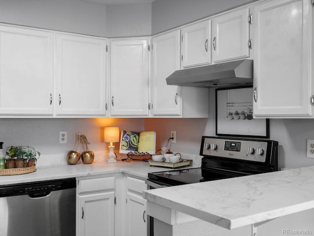 1714 W 102nd Ave, Thornton, CO 80260 - kitchen featuring stainless steel appliances, under cabinet range hood, white cabinetry, and light stone counters