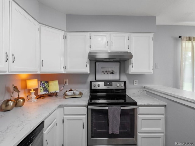 1714 W 102nd Ave, Thornton, CO 80260 - kitchen featuring stainless steel appliances, under cabinet range hood, white cabinets, and light stone counters